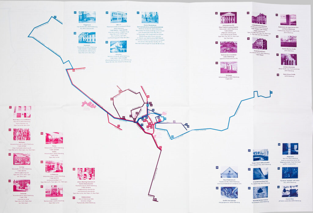 an abstract map consisting only of selected streets (which are colored in four different colors). Within the map there are numbers pointing to different points at the map. In each of the four corners are pictures which also have numbers and depict the points on the map. The pictures in each corner are all colored in the same color.